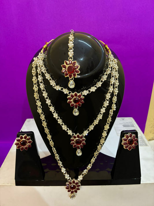 Green Kundan and Red Floral Jewelry Set for Women – Necklace, Earrings, Maang Tikka